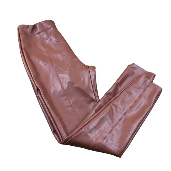 Faux Leather  Ankle Pants Med Coated Camel Brown Straight Skinny Stretch - Picture 2 of 12
